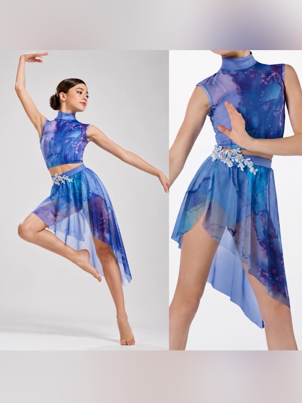 Weissman dance costume 2 piece mesh top skirt Blue tie-dye 14113 LC-large child